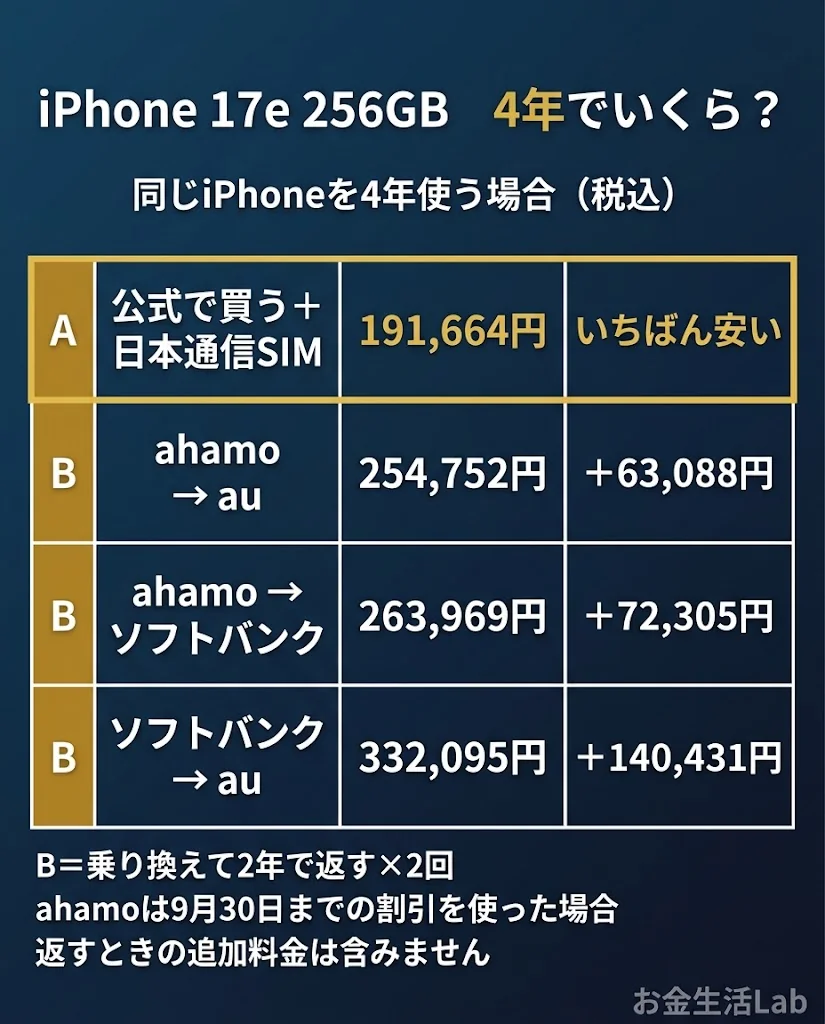 4年の総額の比較。A 公式で買う＋日本通信SIMが191,664円でいちばん安い。B ahamo→au 254,752円、ahamo→ソフトバンク 263,969円、ソフトバンク→au 332,095円
