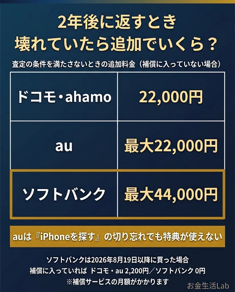 2年後に返すときの追加料金。ドコモ・ahamo 22,000円、au 最大22,000円、ソフトバンク 最大44,000円