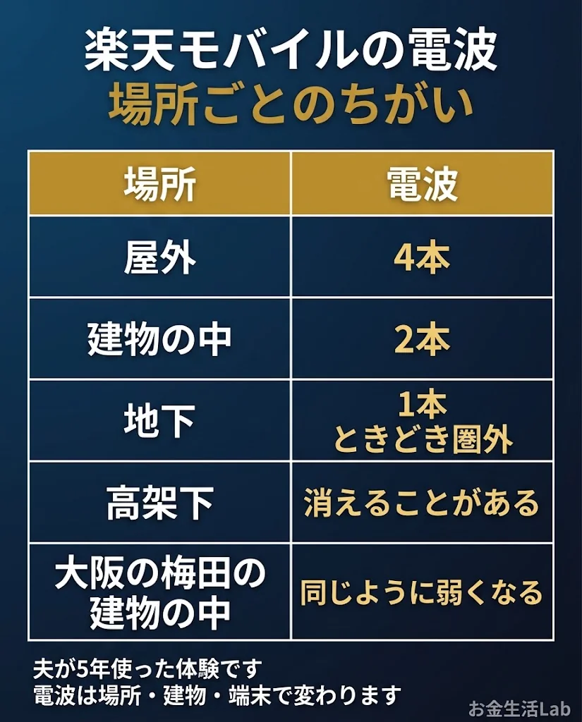 楽天モバイルの電波の場所ごとのちがい。屋外は4本、建物の中は2本、地下は1本でときどき圏外、高架下は消えることがある、大阪の梅田の建物の中も同じように弱くなる。夫が5年使った体験